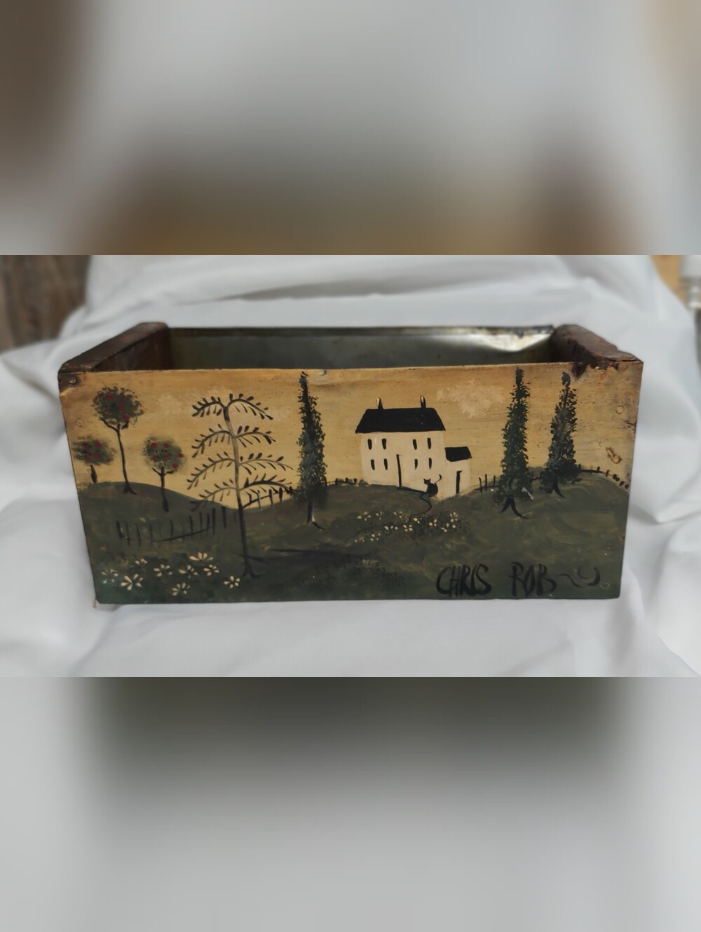 Signed Chris Rob Primitive Folk Art Hand Painted Industrial Metal Bin/Crate